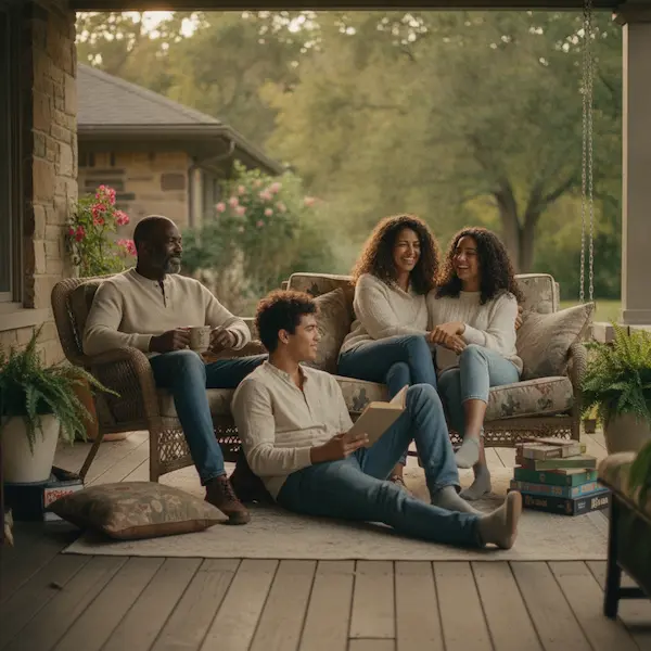diverse family relaxing on the porch of their comfortable, lived-in home