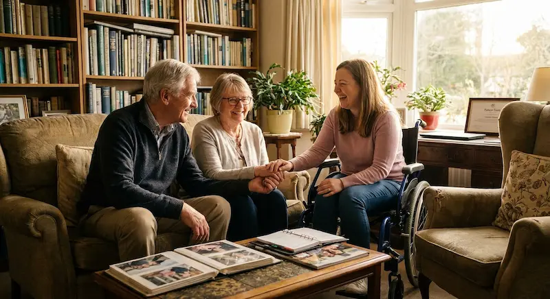 a person with special needs in a living room enjoying with family